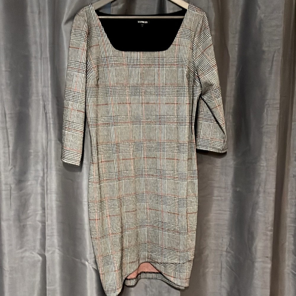 Express dress half sleeve houdstooth square neck criss cross front womens sz L